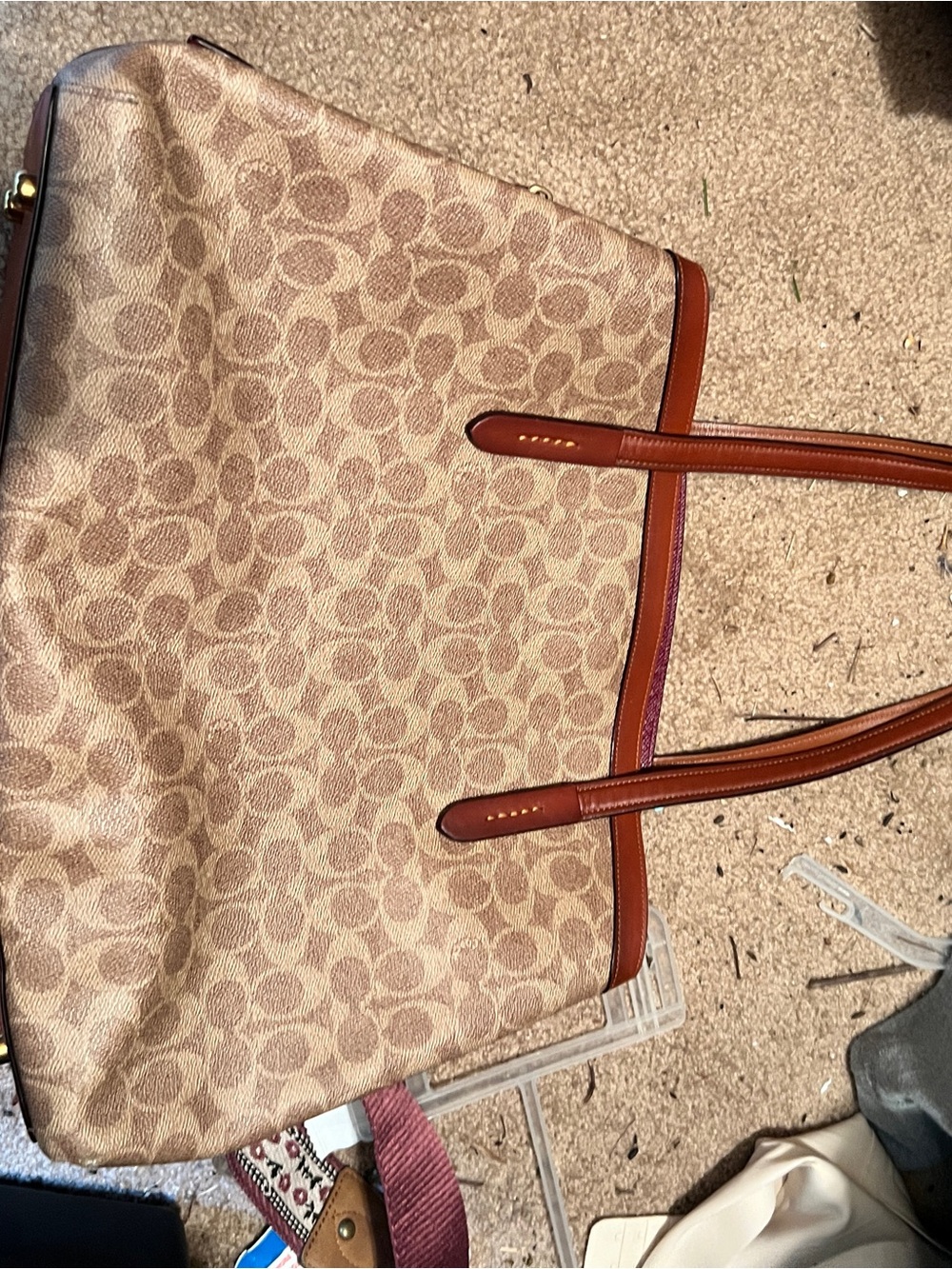 Coach Tan Signature Canvas Tote with Brown Leather Trim